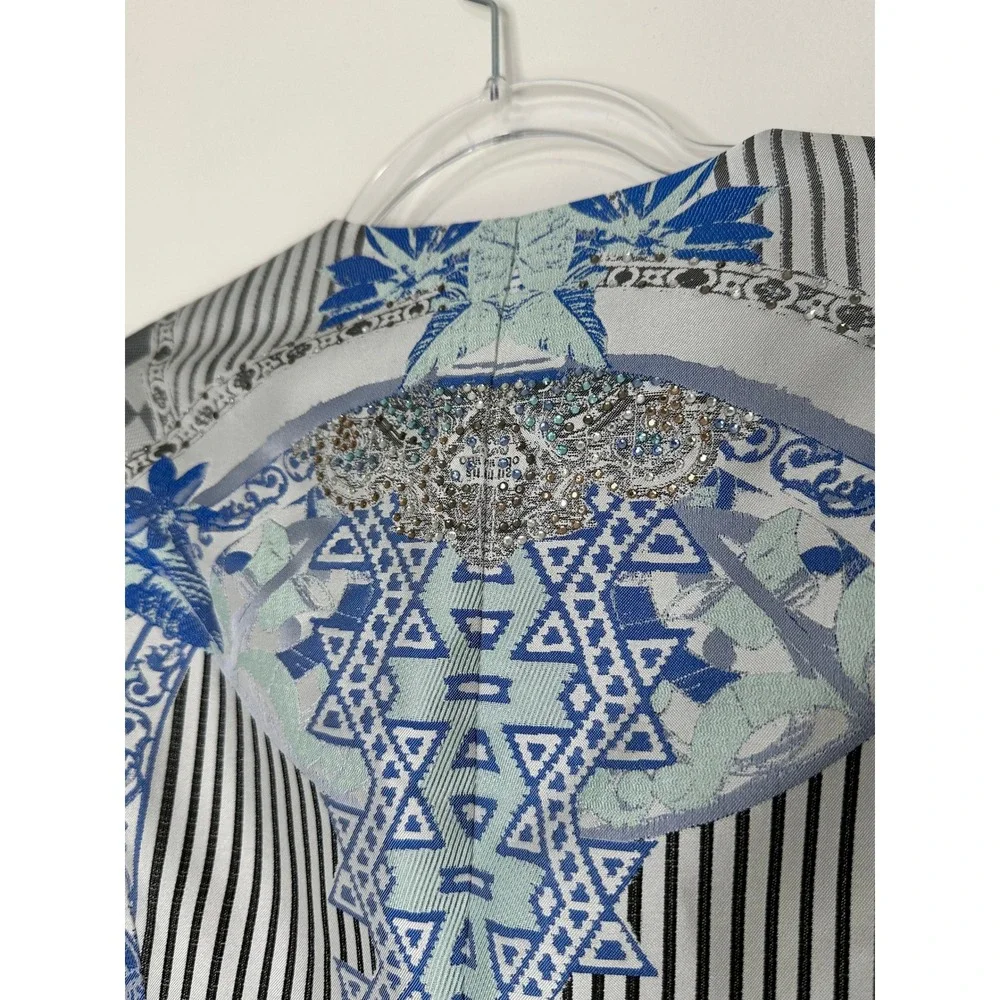 Camilla Peplum Blazer Size L Blue White Mosaic Print Crystal Embellished Art